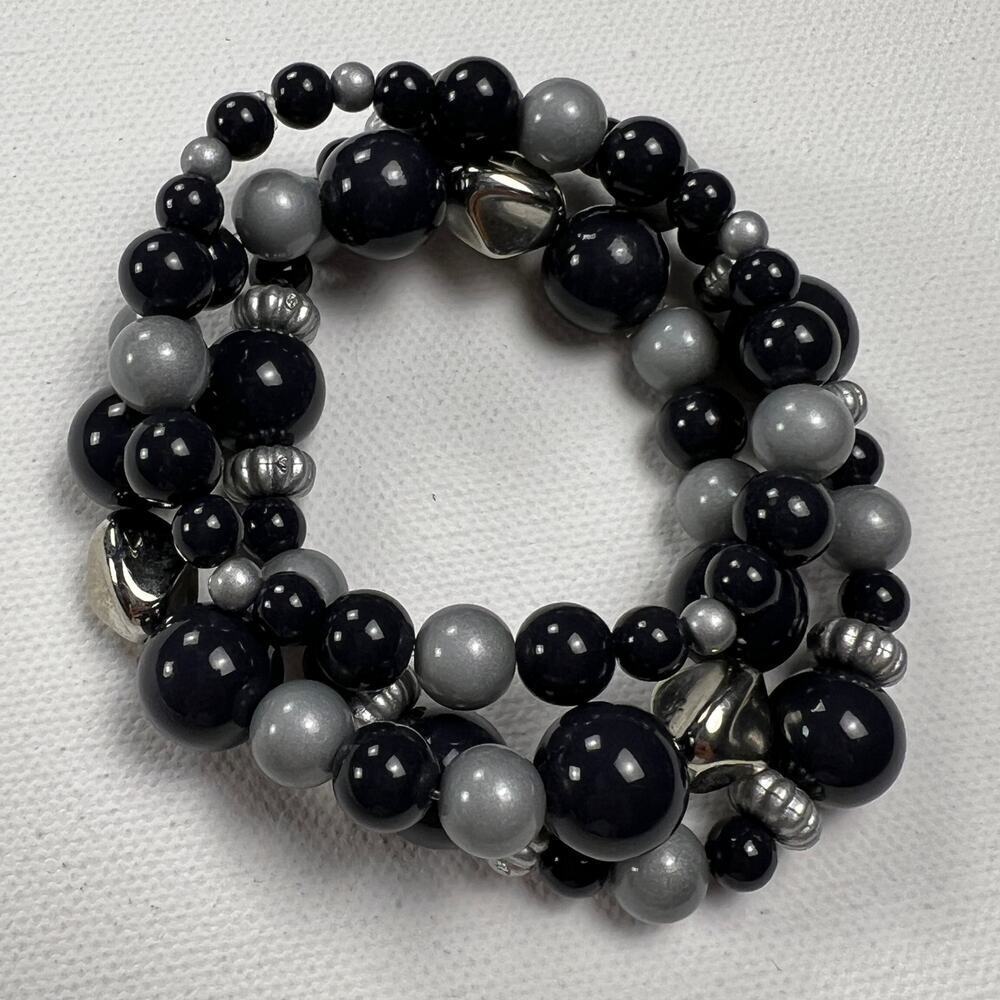 Handmade Beaded Bracelet Trio Matte Silver Gray Slate Blue